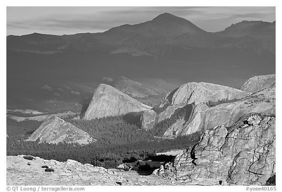 Distant view of Fairview and other domes, late afternoon. Yosemite National Park (black and white)