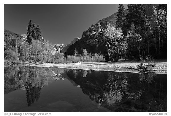 Banks of  Merced River with Half-Dome reflections in autumn. Yosemite National Park (black and white)