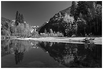 Banks of  Merced River with Half-Dome reflections in autumn. Yosemite National Park ( black and white)