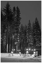 Well-lit gas station and snowy trees. Yosemite National Park ( black and white)