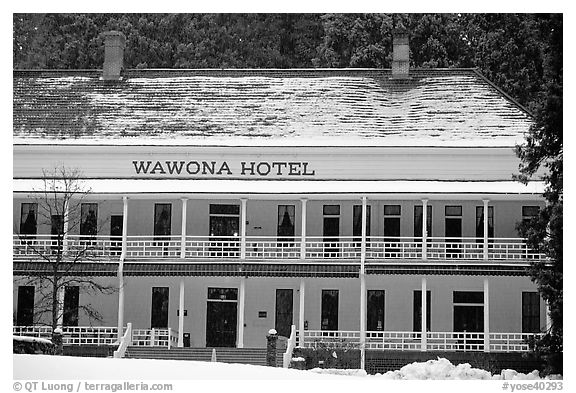 Wawona hotel in winter. Yosemite National Park (black and white)