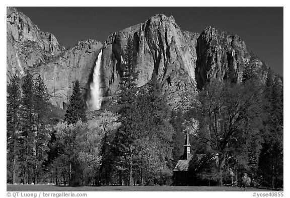 Yosemite Falls and Yosemite Chapel in spring. Yosemite National Park (black and white)