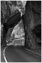 Road passing through Arch Rock, Lower Merced Canyon. Yosemite National Park, California, USA. (black and white)