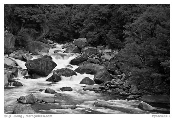Merced River and boulders in spring, Lower Merced Canyon. Yosemite National Park (black and white)