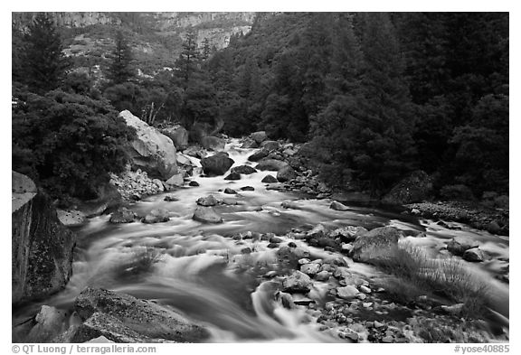 Lower Merced Canyon with wide Merced River. Yosemite National Park, California, USA.