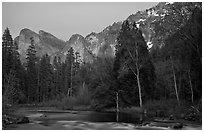 Merced River and Cathedral rocks at dusk. Yosemite National Park ( black and white)