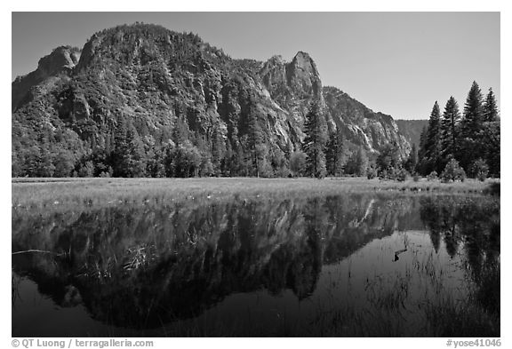 Sentinel Rock reflected in seasonal pond, Cook Meadow. Yosemite National Park (black and white)