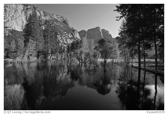 Swollen Merced River reflecting trees and cliffs. Yosemite National Park (black and white)