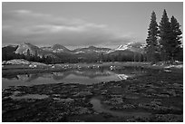 Tuolumne Meadows with domes reflected in early spring, dusk. Yosemite National Park ( black and white)