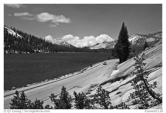 Road on shore of Tenaya Lake. Yosemite National Park (black and white)