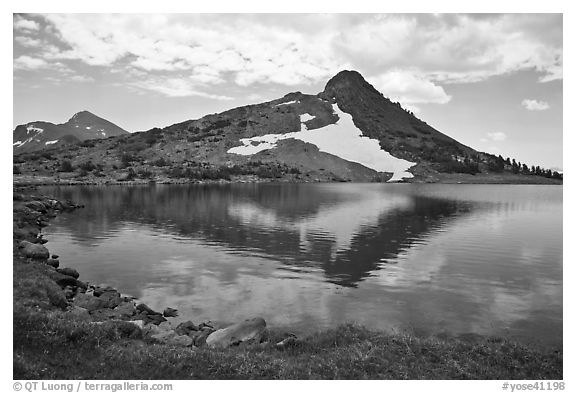 Peak reflected in uppper Gaylor Lake. Yosemite National Park (black and white)