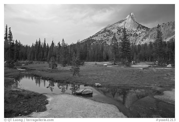 Stream, meadow, and Cathedral Peak, afternoon. Yosemite National Park (black and white)