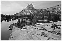 Granite slab, Upper Cathedral Lake, and Cathedral Peak, sunset. Yosemite National Park ( black and white)