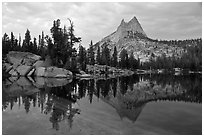 Upper Cathedral Lake and Cathedral Peak at dusk. Yosemite National Park ( black and white)