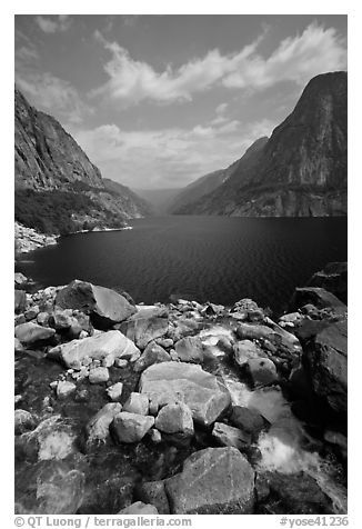 Stream from Wapama fall and Hetch Hetchy reservoir. Yosemite National Park (black and white)