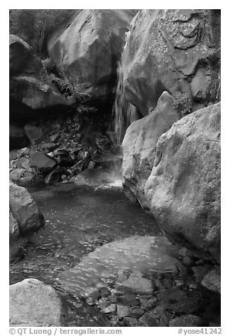 Waterfall and pool at the base of  Wapama falls. Yosemite National Park (black and white)