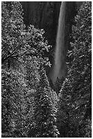 Bridalveil Fall after rare spring snow storm. Yosemite National Park, California, USA. (black and white)