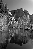 Yosemite Falls reflected in mirror-like Merced River, early spring. Yosemite National Park ( black and white)