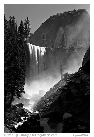 Vernal Fall with backlit mist, morning. Yosemite National Park (black and white)