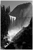 Vernal Fall with backlit mist, morning. Yosemite National Park, California, USA. (black and white)