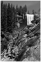 Crowded Mist Trail and Vernal fall. Yosemite National Park ( black and white)