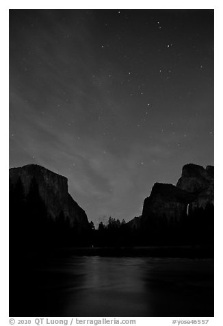 Yosemite Valley at night with stary sky. Yosemite National Park (black and white)