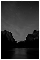 Yosemite Valley at night with stary sky. Yosemite National Park, California, USA. (black and white)