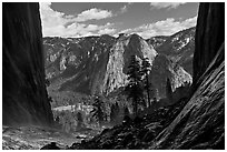 Cathedral Rocks and El Capitan Meadows from base of Ribbon Falls. Yosemite National Park ( black and white)