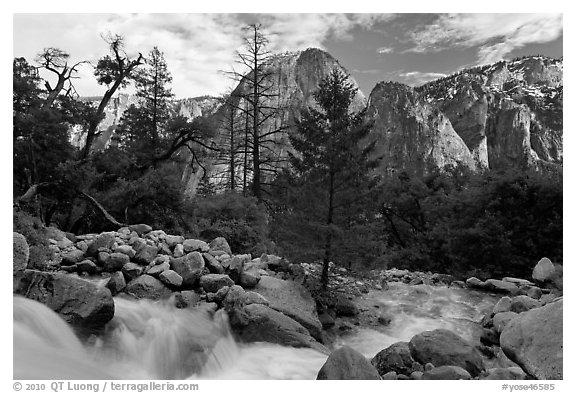 Creek flowing towards Valley and Cathedral Rocks. Yosemite National Park (black and white)