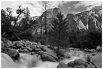 Creek flowing towards Valley and Cathedral Rocks. Yosemite National Park ( black and white)