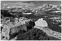 Granite outcrops and distant Tenaya Lake in the spring. Yosemite National Park ( black and white)