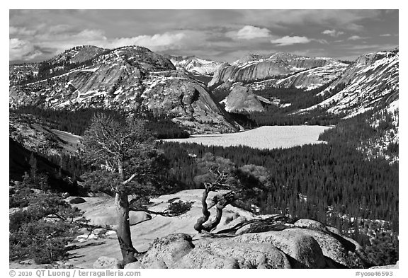 Iced-up Tenaya Lake and domes. Yosemite National Park (black and white)