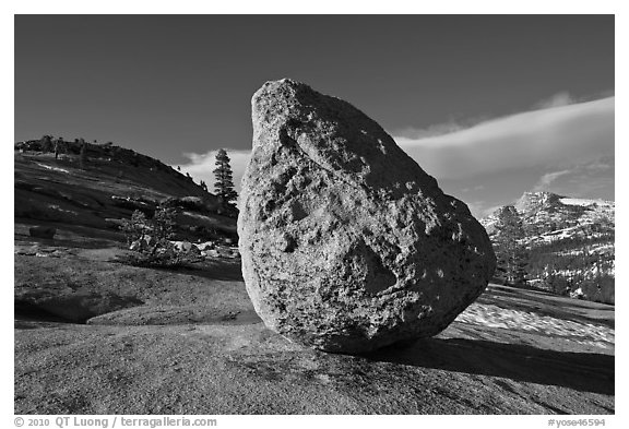 Glacial erratic on granite slabs near Olmstedt Point. Yosemite National Park (black and white)
