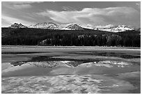 Peaks reflected in snow melt pool, Twolumne Meadows, sunset. Yosemite National Park ( black and white)