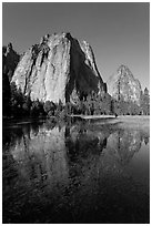 Cathedral Rocks reflected in flooded El Capitan Meadow. Yosemite National Park ( black and white)