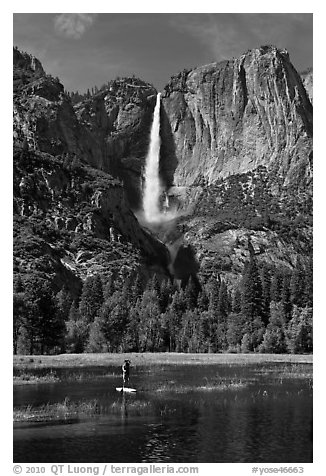 Man paddling in flooded meadow below Yosemite Falls. Yosemite National Park (black and white)