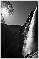 Upper Yosemite Fall and Sun. Yosemite National Park, California, USA. (black and white)