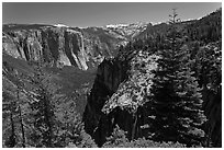 View of Valley and Silver Strand Falls from Pohono Trail. Yosemite National Park, California, USA. (black and white)