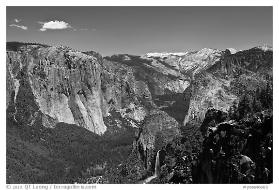 View of Bridalveil Fall and Yosemite Valley. Yosemite National Park (black and white)