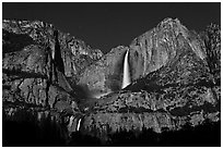 Upper and lower Yosemite Falls by moonlight. Yosemite National Park ( black and white)