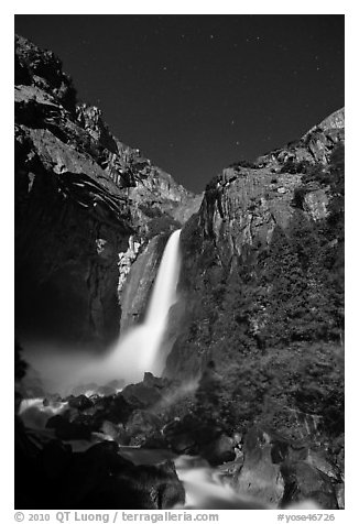 Lower Yosemite Fall with moonbow. Yosemite National Park (black and white)