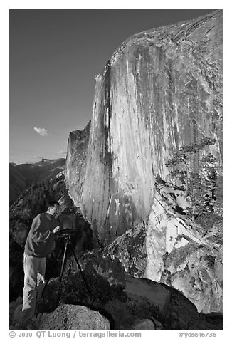 Photographer on Diving Board and Half-Dome. Yosemite National Park (black and white)