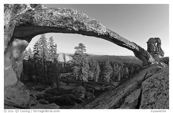 Half-Dome seen through Indian Arch. Yosemite National Park (black and white)