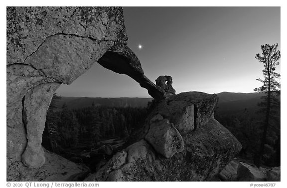 Indian Arch and moon at dusk. Yosemite National Park (black and white)
