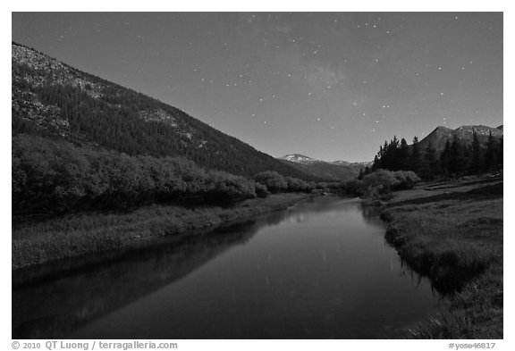 Stars above Lyell Canyon and Tuolumne River. Yosemite National Park (black and white)