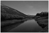 Stars above Lyell Canyon and Tuolumne River. Yosemite National Park ( black and white)
