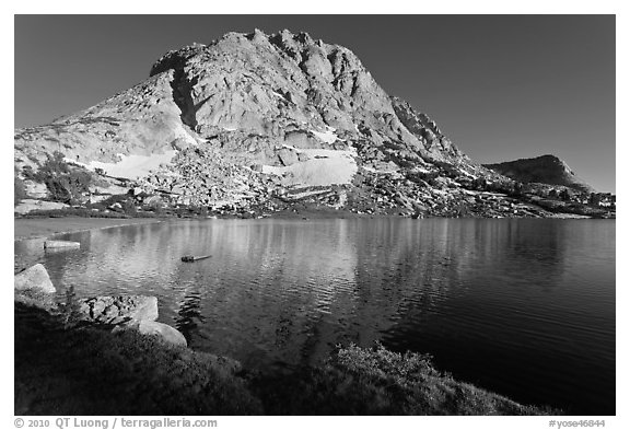 Fletcher Peak rising above Fletcher Lake. Yosemite National Park (black and white)