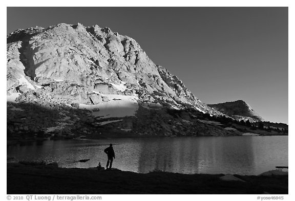 Park visitor looking, Fletcher Lake. Yosemite National Park (black and white)