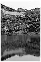 Last light on peak reflected in Vogelsang Lake. Yosemite National Park ( black and white)
