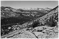High Sierra view from Vogelsang Pass above Lewis Creek with Clark Range. Yosemite National Park ( black and white)